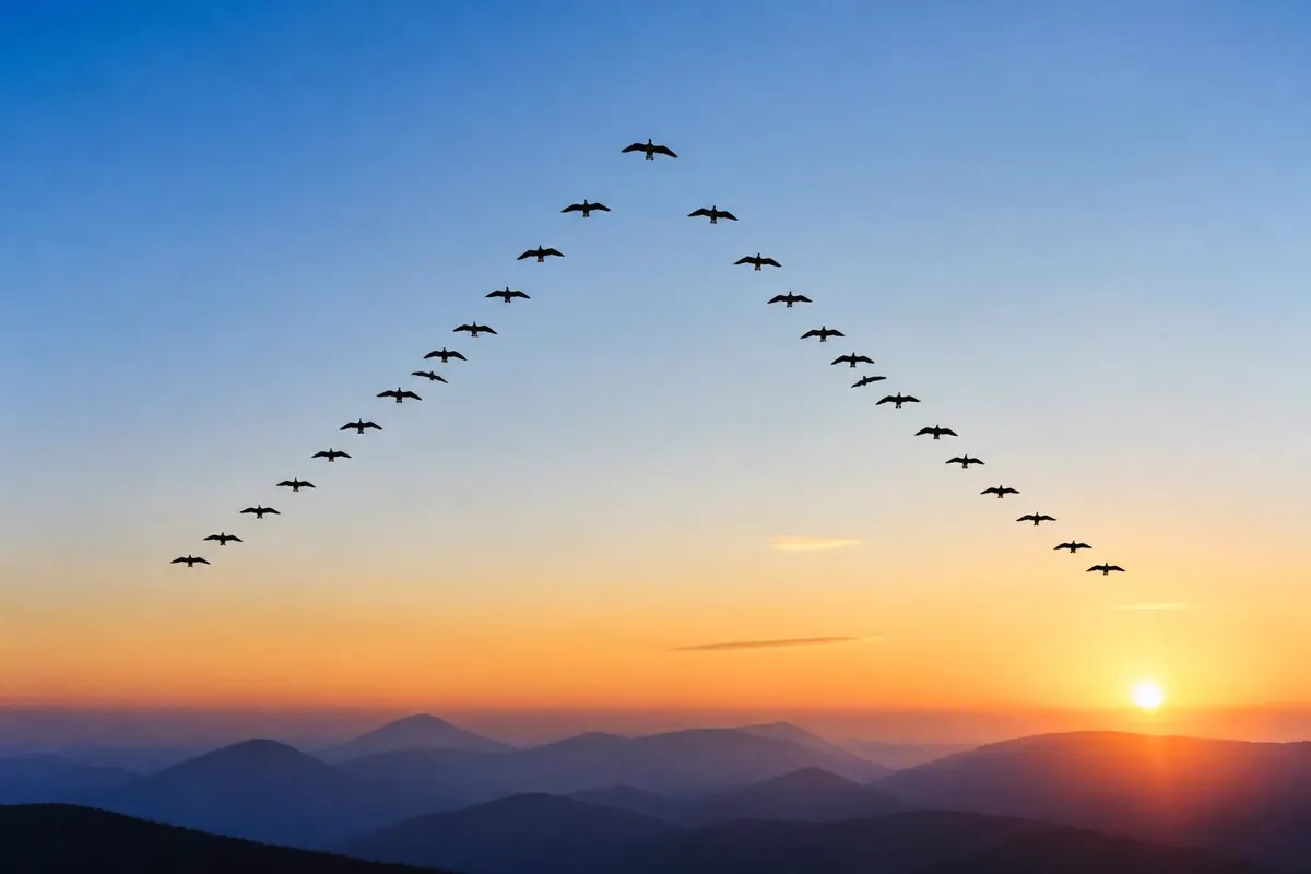 Bandada de gansos volando en formación de V al amanecer sobre montañas